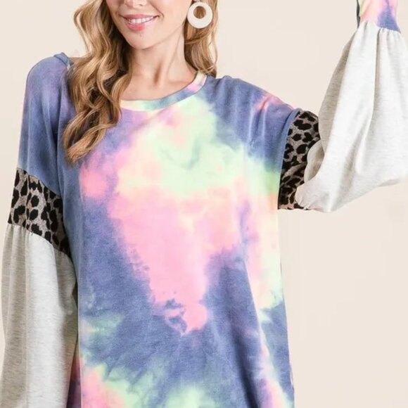 ✨NWT BiBi Tie Dye Terry Top with Contrast Puff Sleeves - Picture 7 of 9